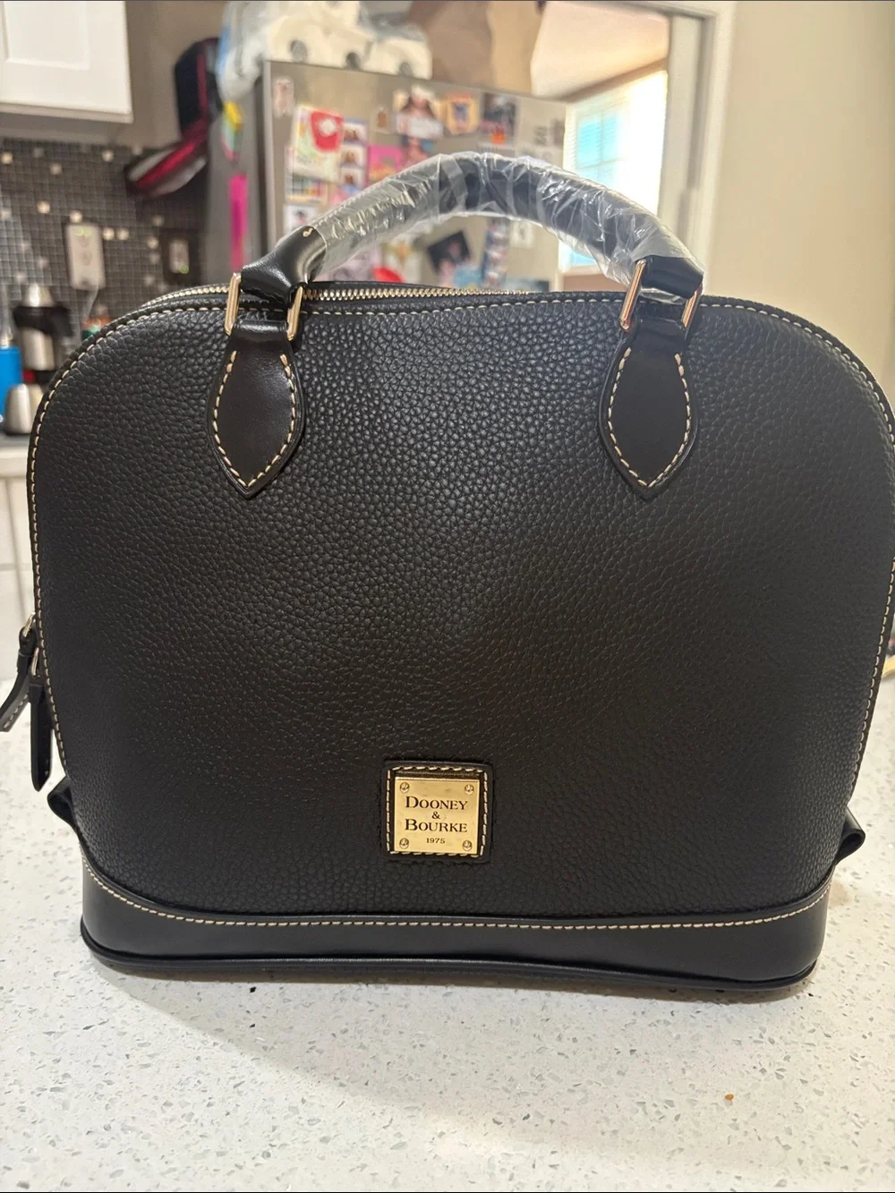 Dooney & Bourke Black Pebbled Leather Dome Satchel with Gold Hardware